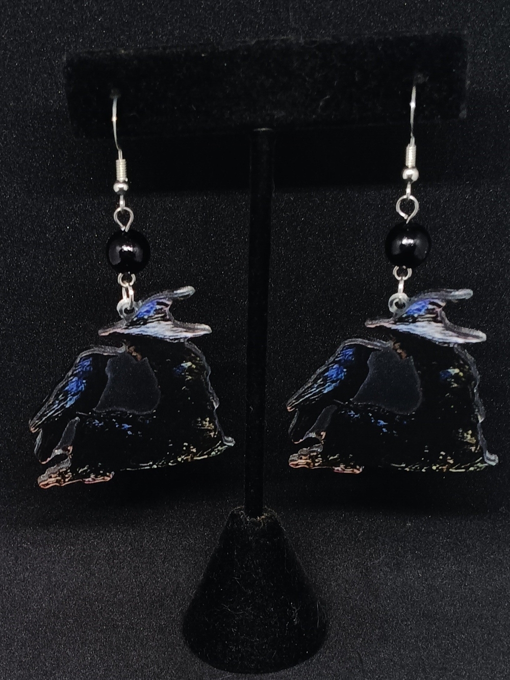 Black Raven Dangle Earrings with Glossy Bead Accents